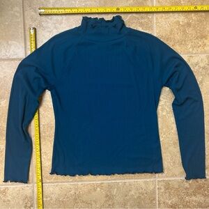 SO Teal Lettuce Ruffle Ribbed Long Sleeve Top
